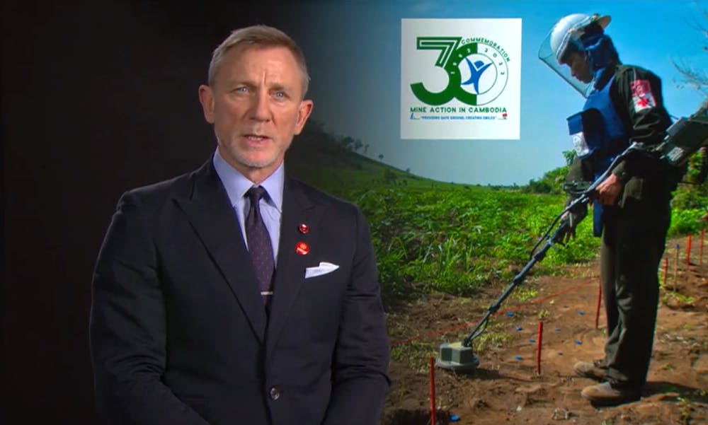 I april 2015 ble skuespilleren Daniel Craig utpekt som FNs globale ambassadør for utryddelse av landminer. Foto: Screenshot fra FN-video
