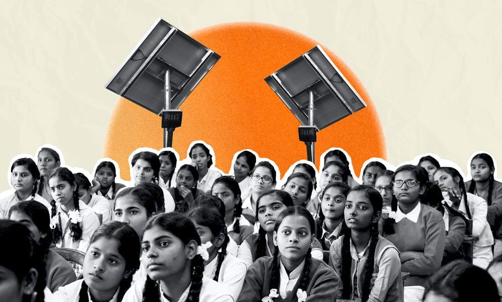 25 000 skoler i Indias nordøstlige del av Vest -Bengal vil bli utstyrt med solcellepaneler. Grafikk: Eva Søe Olsen. Foto: Yogendra Singh & Cristi Goia, on Unsplash